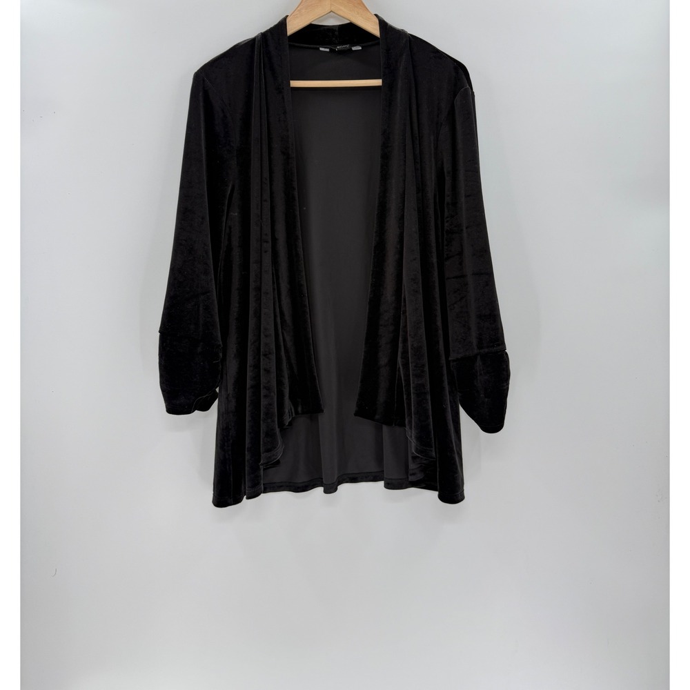 GNW Women Plus Size 1X Black Velvet Open Front Cardigan Ruched 3/4 Sleeve Shawl